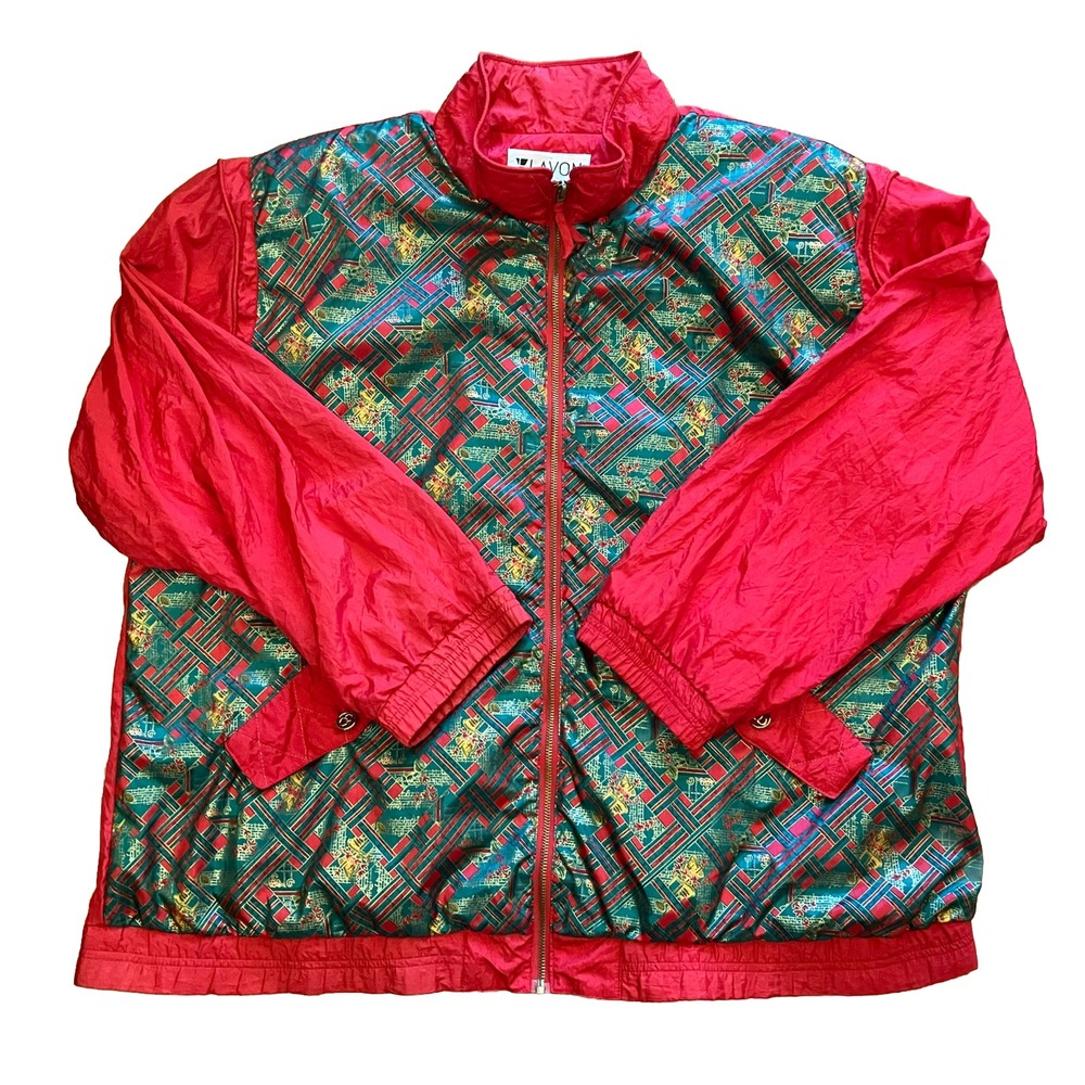 Vintage Lavon Nylon Windbreaker‎ Jacket Padded Shoulder Red/green Pattern XXL